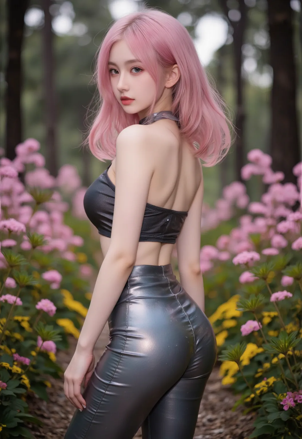 ((((Highest quality))))、(((Ultra-precision CG16K wallpaper)))、(((masterpiece)))、(((Super detailed)))、(((Extreme detail)))、((１Mature 29 year old woman:1.6))、((Very beautiful Japan face of a person))、((Urizane Face:1.8))、((Soft wavy ponytail medium hair:1.6))、((Shiny pink hair:1.5))、A delicately drawn beautiful face、(Dark Eyes、Reflected light from the eye)、double eyelid、High nose、Small nostrils、Small Mouth、Seductive lips、Beautiful breasts、((C cup size breasts))、Delicate nails、Beautiful feet、Thin thighs、eight-headed body、Perfect proportions、Perfect Anatomy、Perfect composition、Beautiful detailed shading、Beautiful, natural lighting、Beautiful detail glow、Depth of written boundary、(((High chroma)))、(((Real:1.9)))、((vivid:1.5))、((Beautiful Skin))、((Skin Texture))、((Realな皮膚感))、(((Cowboy Shot:1.6)))、(((front view、shoot from front、front low angle:1.6)))、(((Half-open mouth、Surprised face:1.3)))、(((looking at camera:1.6)))、Bright daylight、Natural light、(((background_Flower Garden:1.5)))、(Standing pose:1.6)、(((Black high neck sleeveless wool knit mini dress:1.6)))、((Scrunchie Ribbon、Wearing earrings:1.5))、((Lace Stockings Clothed))、
