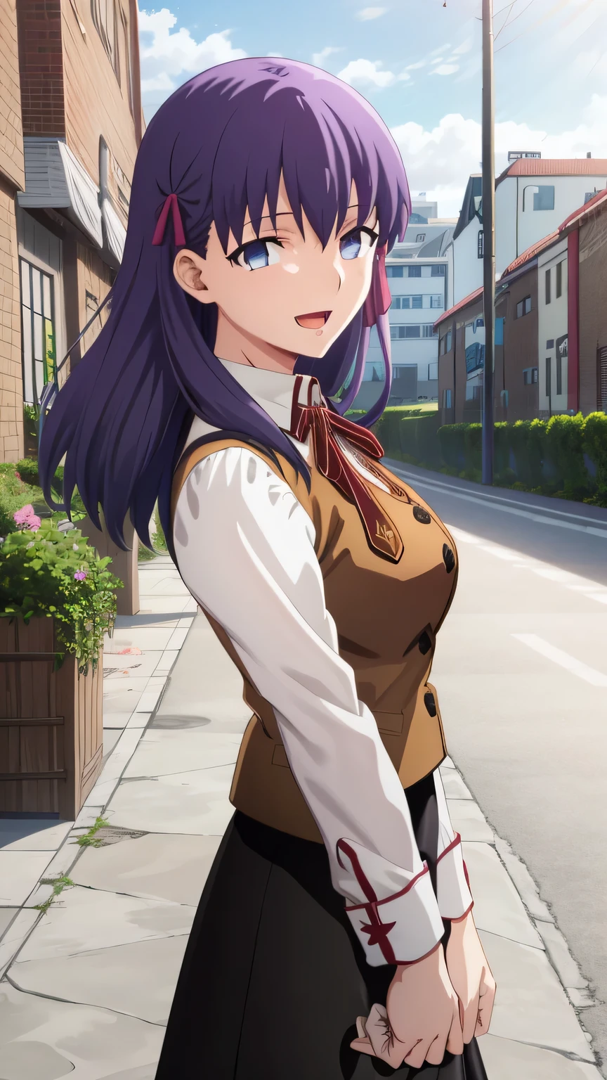 {{{masterpiece}}}, (best quality:1.5), (ultra-detailed:1.5), {illustration}, {{an extremely delicate and beautiful}}, (beautiful detailed eyes:1.6), absurdres, highres, extremely detailed face, 16k, hd, visual anime de uma jovem mulher, extremamente bonito rosto de anime, anime melhor garota, (perfect hands, perfect anatomy), anime face, Matou Sakura( Fate ), 1girl, solo, cute face, purple hair, long hair, hair ribbon, pink ribbon, bangs, purple eyes, large breasts, big hips, curvaceous, BREAK, SakuraSchool, {homurahara academy school uniform}, (sleeveless jacket:1.3), (brown jacket:1.3), long sleeves, (brown sleeves:1.2), close jacket, white shirt, neck ribbon, red ribbon, mini skirt, (black skirt:1.5), BREAK, open mouth, smiling, flushed cheeks, walking, looking at viewer, outdoor, city, building, sky, daytime, cowboy shot, from side