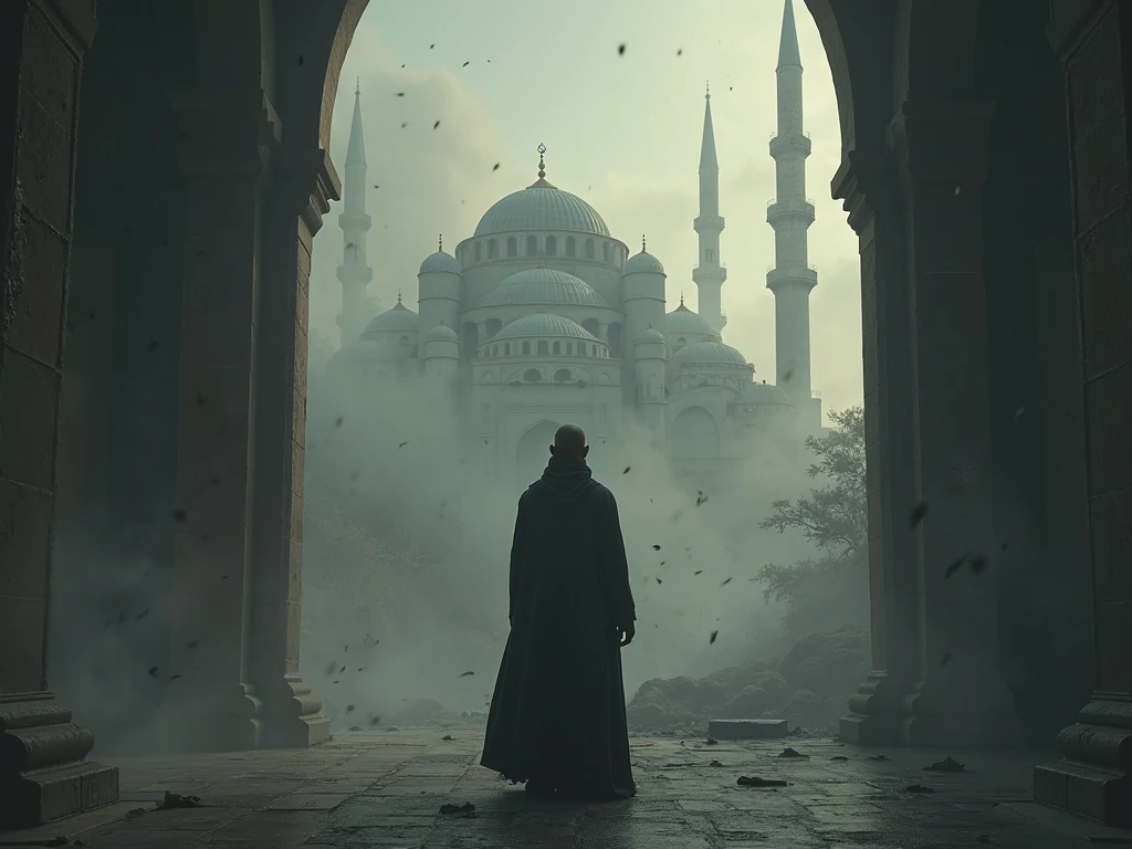 (Horror story title : Forbidden secrets in the dome of the mosque)
Scene 2: Ustaz Malik the Restless - Ustaz Malik is standing near the mosque, staring at the dome with a restless and scared expression. In the distance, Maghrib call to prayer resounds, and Ustaz Malik looks increasingly anxious.