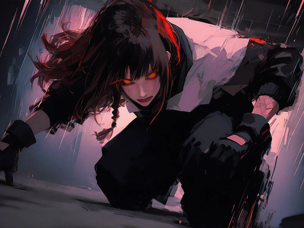 ((masterpiece)), best quality, highres, original, extremely detailed 8K wallpaper, world masterpiece theater, (an extremely delicate and beautiful cyborg girl), 1 cyborg girl, solo, assertive female, ((messy long hair)), dark red hair, ((beautiful detailed eyes)), dark dress, red scarf, torn clothes,  arrogant smile, despair, (heroic fight:1.5), dynamic blur，detailed background, (cyberpunk:1.5), (((transformed body)))，cloak, focus on face, depth of field, beautiful detailed shadow, dust, splashing blood, ((blood rain)), dynamic angle，light shafts, good lighting, tyndall effect, (Aestheticism Painting)