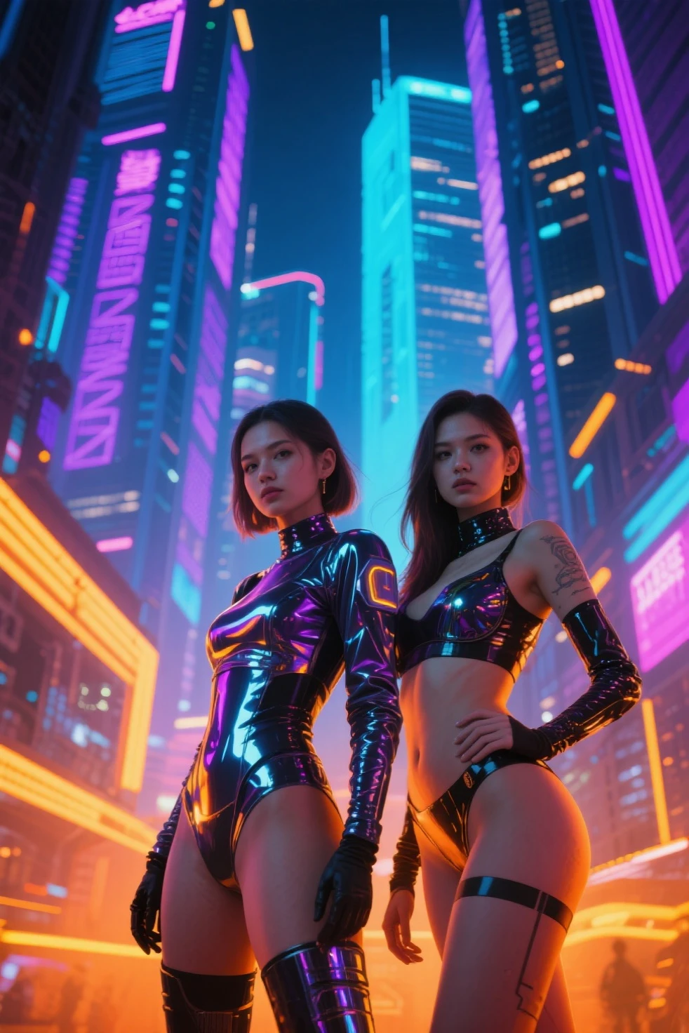 girl with glowing cybernetic implants stands atop a skyscraper, overlooking a neon-lit cyberpunk cityscape.