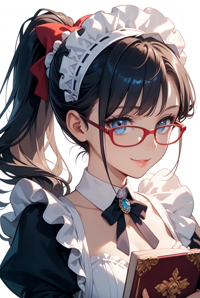 (1girl, yuri alpha:1.0), (anime overlord), (solo:1.4), (Maid_Dress), (64k, UHD, Raw photo, highes, Best Quality, mastepiece:2.0), (Ultra-fine depiction of details:3.0), (a serious, loyal, hard-working maid head, the vice-captain of the "Pleiades Six Stars", the battle maid squad of the Great Tomb of Nazarick), (a beautiful woman with an intelligent look), black hair, (elegant, vivid blue bowtie, ribbon:1.3), (green wristband), (She is equipped with highly elaborately designed, dark emerald green spiky gauntlets:1.5), (perfect face, perfect body, perfect figure, pink lips, slight blush), (cool, intellectual glasses), (gray, black eyes:1.3), (shiny sleek long hair, single hair bun, single braid bun, double bun), (silky, high-quality, majestic, gothic, ((low-key)), simple, maid dress:1.0), (vivid blue gothic style choker:1.3), (pure white maid apron:1.2), (gigantic breasts, almost brimming out of maid dress:1.2), (sexy cleavage:1.1), inhouse, studying the orders issued by the master of [the Great Tomb of Nazarick, Ainz Ooal Gown], the room is filled with solemn atmosphere, (long shot, full body shot), (perfect lighting,)