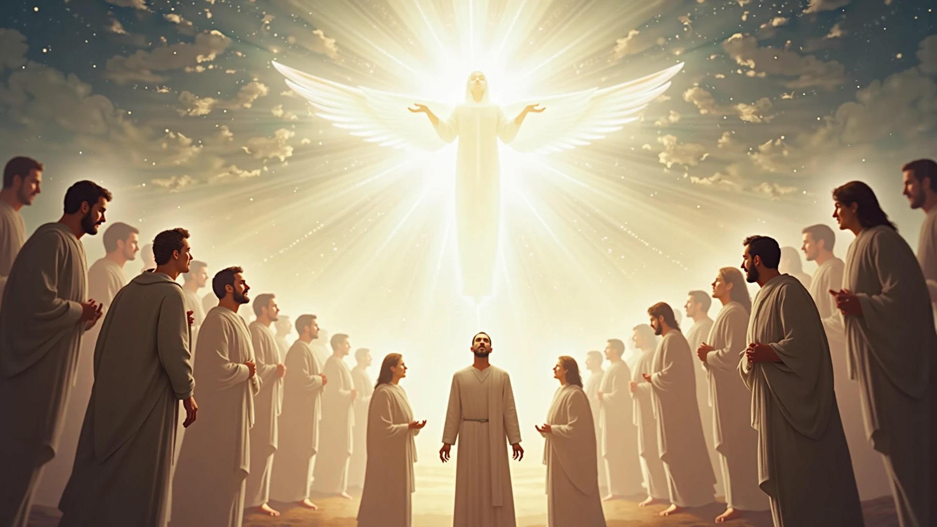 Painting of a group of angels in an overcast sky with a man in a cover, gold gates of heaven!!!!!!!!, angels protecting a praying man, anjos biblicamente precisos, godly and ethereal, epic biblical representation, entre nuvens celestiais iluminadas pelo sol, arte conceitual de deus, Segunda vinda, Reis antigos em vestes brancas, bible illustration, flowing white robes, arrebatamento celestial