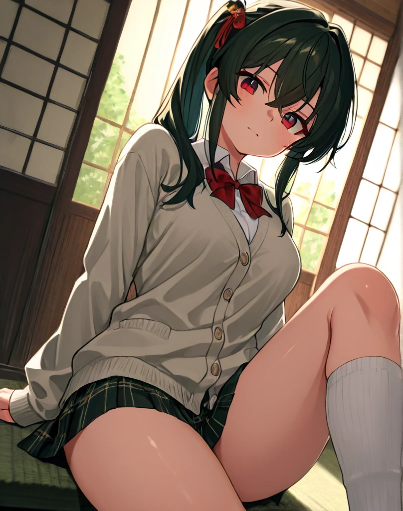 Minami Kotori、lovelive 、One girl in a mini skirt, Sit with your legs wide apart、A seductive smile、Looking down at the viewer, Plump thighs, Highest quality, Focus on the thighs, Spread your legs wide, smile, blazer, blouse, はだけたblouse、Light green panties、Black knee socks,  classroom,My crotch is steamy 、Sweaty knee socks、Show the soles of your feet、Sweaty feet、Stain on the pussy line of panties