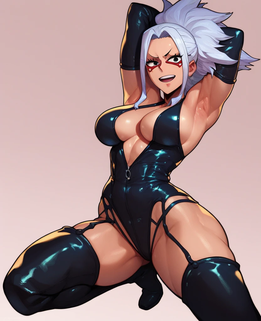 by Zackary911, kenket, kilinah, Zackary911, (((drow, antrum, extremely detailed, extremely detailed legs, extremely detailed arms, extremely detailed face, perfectly detailed eyes, perfectly detailed anatomy))): 1.2, solo skinny, smug, smirk, tomboy, drow, white hair, red eyes, pointy ears, grey skin, neon lights, perspective, curved thighs, huge thighs, curvature, embarrassed smile, (tail), totally blushed, nervous, looking at the viewer, squatting, spread legs, wearing a long wizard robe, muscular toned, messy white hair, thigh highs, black thong bikini, shirtless, blush, perspective, punk style, adventure backpack,