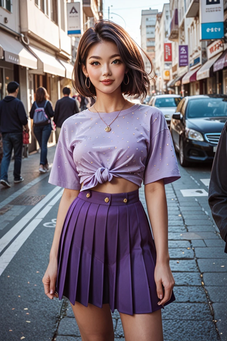 (ultra realistic,32k, masterpiece:1.2),(highly detailed skin:1.1),( high quality:1.1),
(definite:1.1),Mingli, 1 girl, necklace, (lush), mother,turtleneck top,ruffled skirt,long sleeves, thigh high, Mediterranean City Park,sunlight, trees,blurred background,,(I look at the viewer, standing, Above:1.1),, (small breasts:1.1),(neon pastel light:1.1),