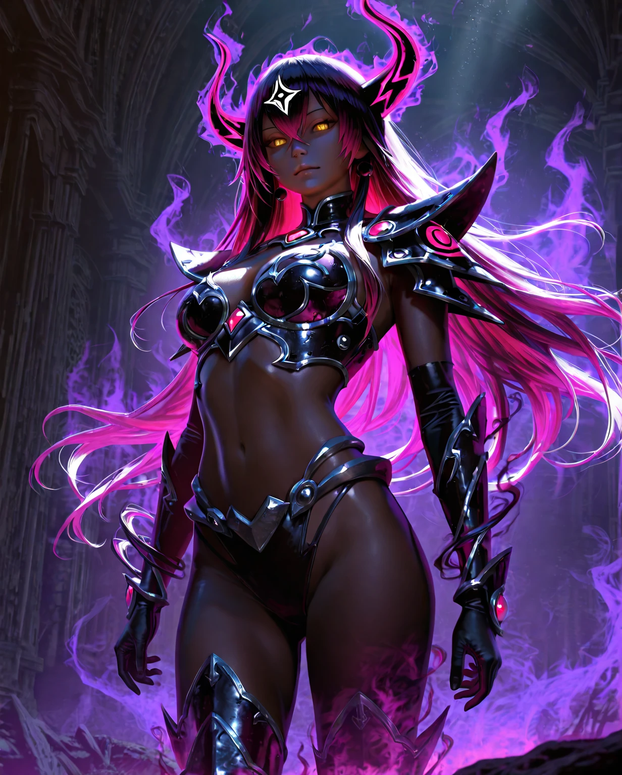 Rihanna hyper-giant, Hyper-powerful demon with two demon horns on his head and demon wings, Purple lightning fire on a building and shatters buildings , ville en ruine post apocalyptique,