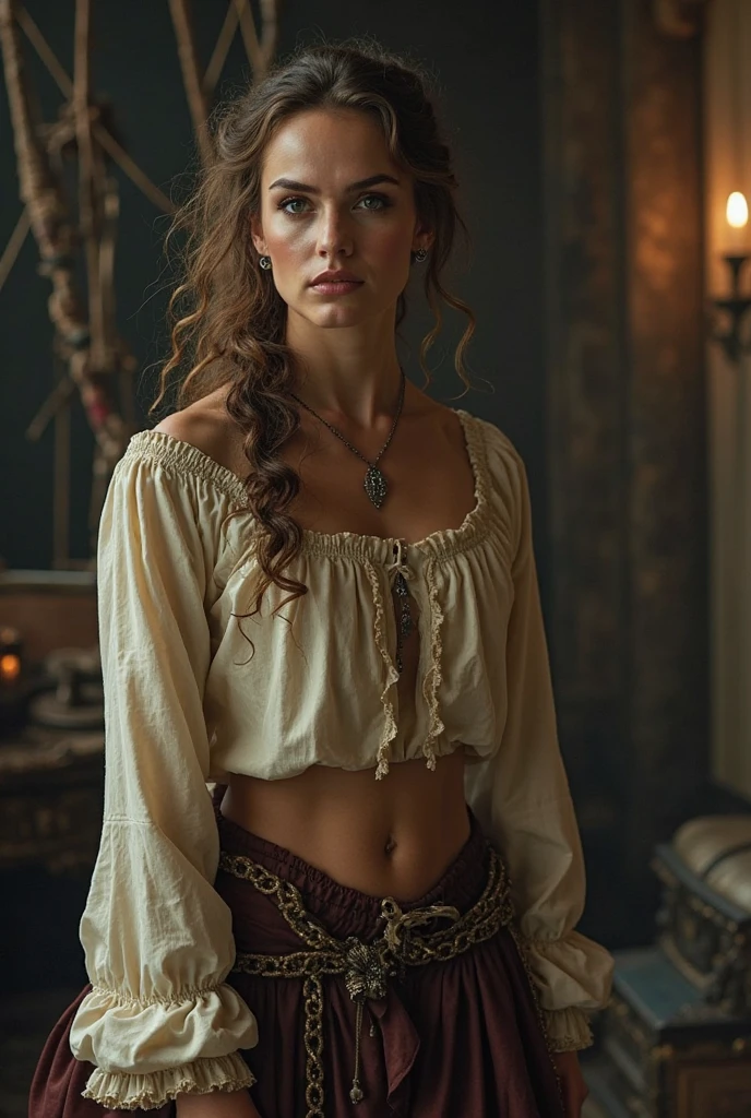 attractive medieval peasant woman, circa 1500s, inside castle on scotland countryside, short brown hair, blue eyes, midriff, huge hips, working in medieval kitchen