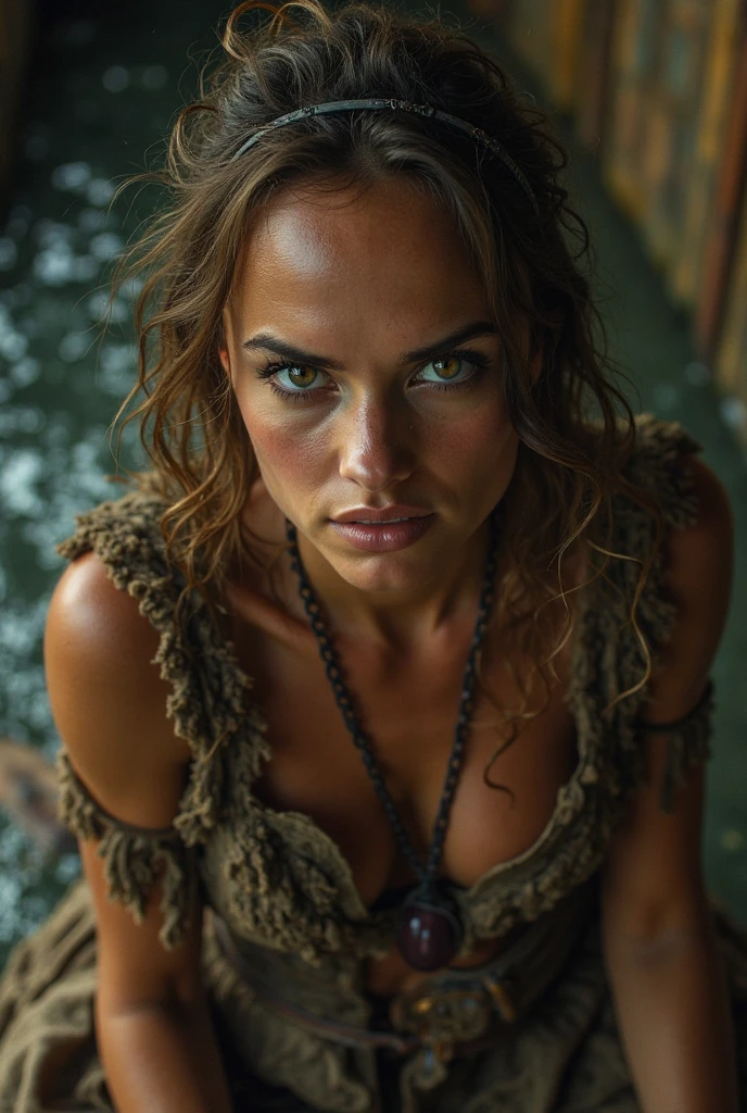 Dramatic Lighting, Highest Quality, Movie Movie Still, (Charming Anne Bonnie, Dressed in a dirty and tattered pirate costume, Stand on the deck of a pirate ship docked in a Caribbean port), unclean, Dark atmosphere, Toned body, (ripped clothing:0.8), Perfect face, view the viewer, (Detailed skin) [hitornfreckles], ((dirty)), (Muddy), (dark cloude:0.7), (stormy weather:0.5), dull, Natural lighting, (direct light:0.4), 8mm film grain, photographed on a Sony a9 II, 24mm Lens, F/2.8 Aperture, Deep Focus, (primitive), 8K, (Still images from《The Lost Pirate Kingdom, dark long hair with bangs, dark long hair with bangs, mid-shot, Centered image, Ultra Detail, Very much more on the face, Very eye detail