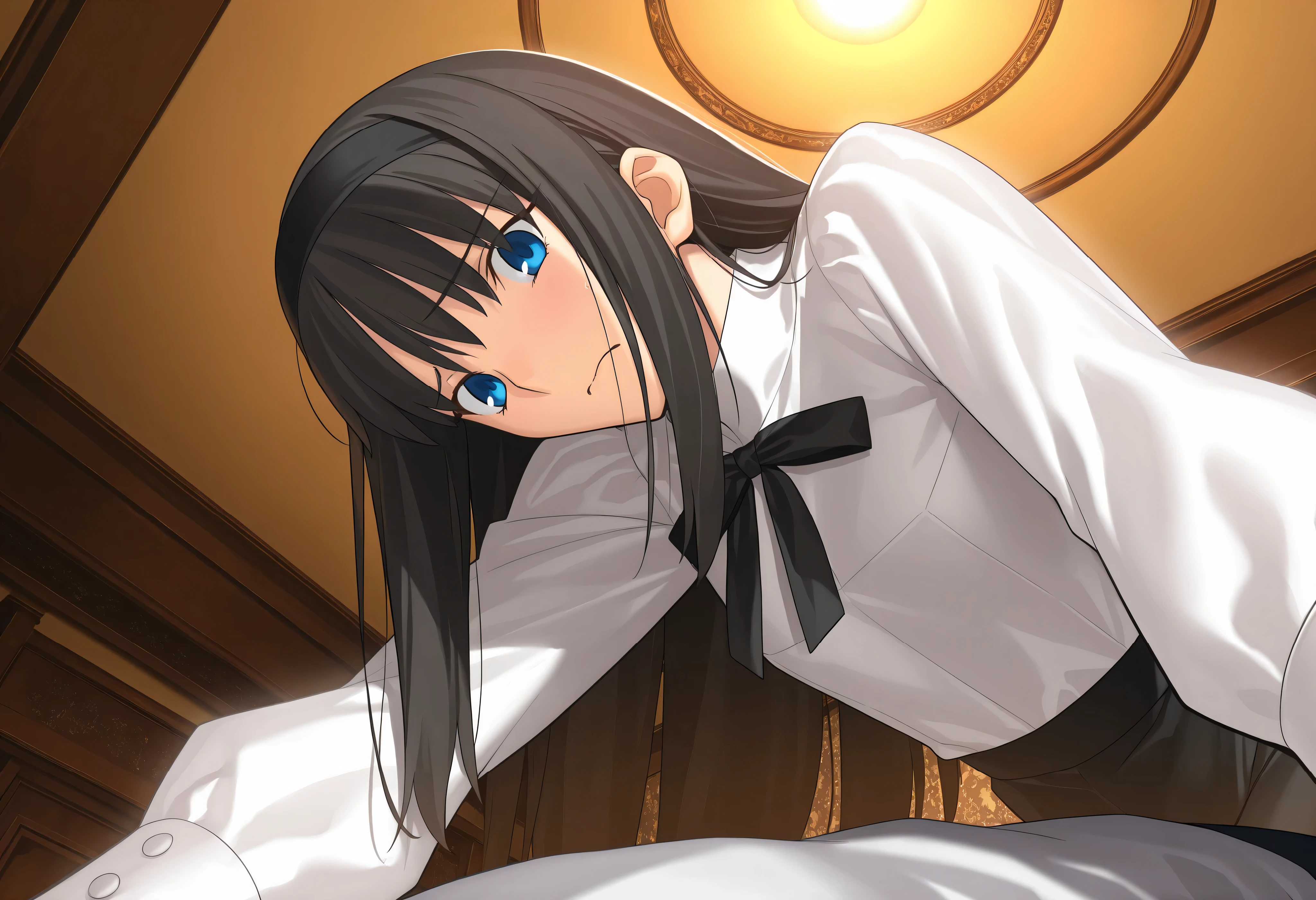 masterpiece, , absurdres, highres, detailed background, high resolution, masterpiece, necessary, detail, best quality, quality, necessary, details, High details, Precise, indoors, hotel room, medieval interior, gothic, from side, from below, close up, pov, (upper body),
1girl, , Takeuchi Takashi (type-moon,tsukihime) style, takeuchi takashi style, (aged up), sitting, (head tilt), bent over,(reaching, hand), ((worried, anxiety)),
tall girl, mature, Akiha_Tohno, (tsukihime), black hair, bangs, long hair, blue eyes, black headband, straight hair, tsurime, closed mouth,
(white shirt, black long skirt), black ribbon, (small breasts, flat chest), , looking at viewer, ,