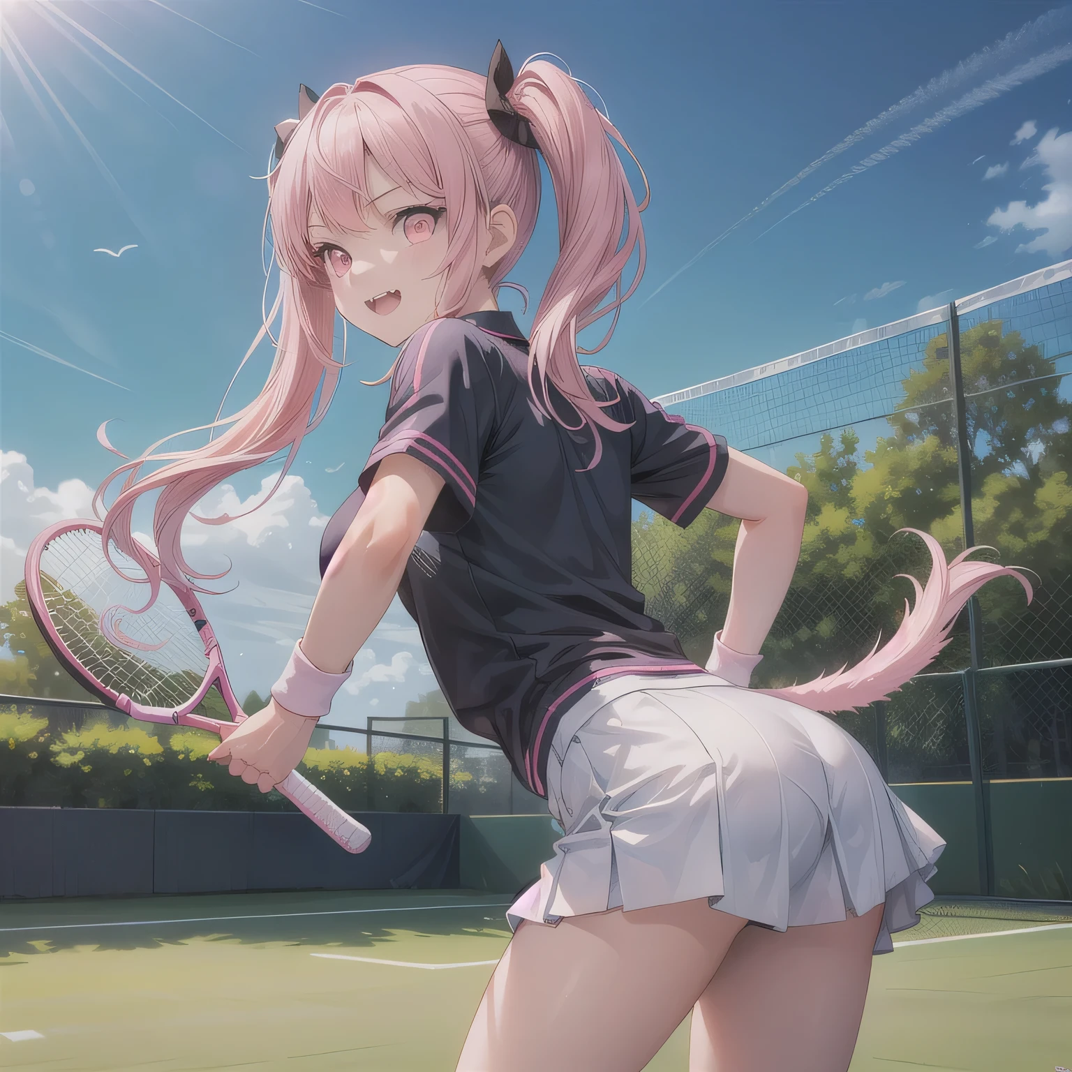 A young female tennis player in a sleek blue outfit stands ready, gripping her racket with both hands in a poised stance. Sunlight accentuates the crisp lines of her attire and the polished strings of the racket. Her determined gaze locks onto an unseen opponent, exuding confidence and focus. The lush green grass of the tennis court stretches into the distance under a clear blue sky. This dynamic scene blends elegance, power, and athleticism, capturing her readiness to strike with precision and grace.A 20-year-old woman smiles gently, friendly. (RAW photos, top quality), (realistic, photo-realistic:1.4), masterpiece, extremely delicate and beautiful, highly detailed, 2k wallpaper, ultra-detailed CG unity 8k wallpaper, ultra detail, high res, soft light, beautifully detailed girl looking back, extremely detailed eyes and face, beautifully detailed nose, cinematic lighting, perfect anatomy, slender body. Fangs, long hair, (pink eyes:1.5), pink hair, black tail, twin tails,