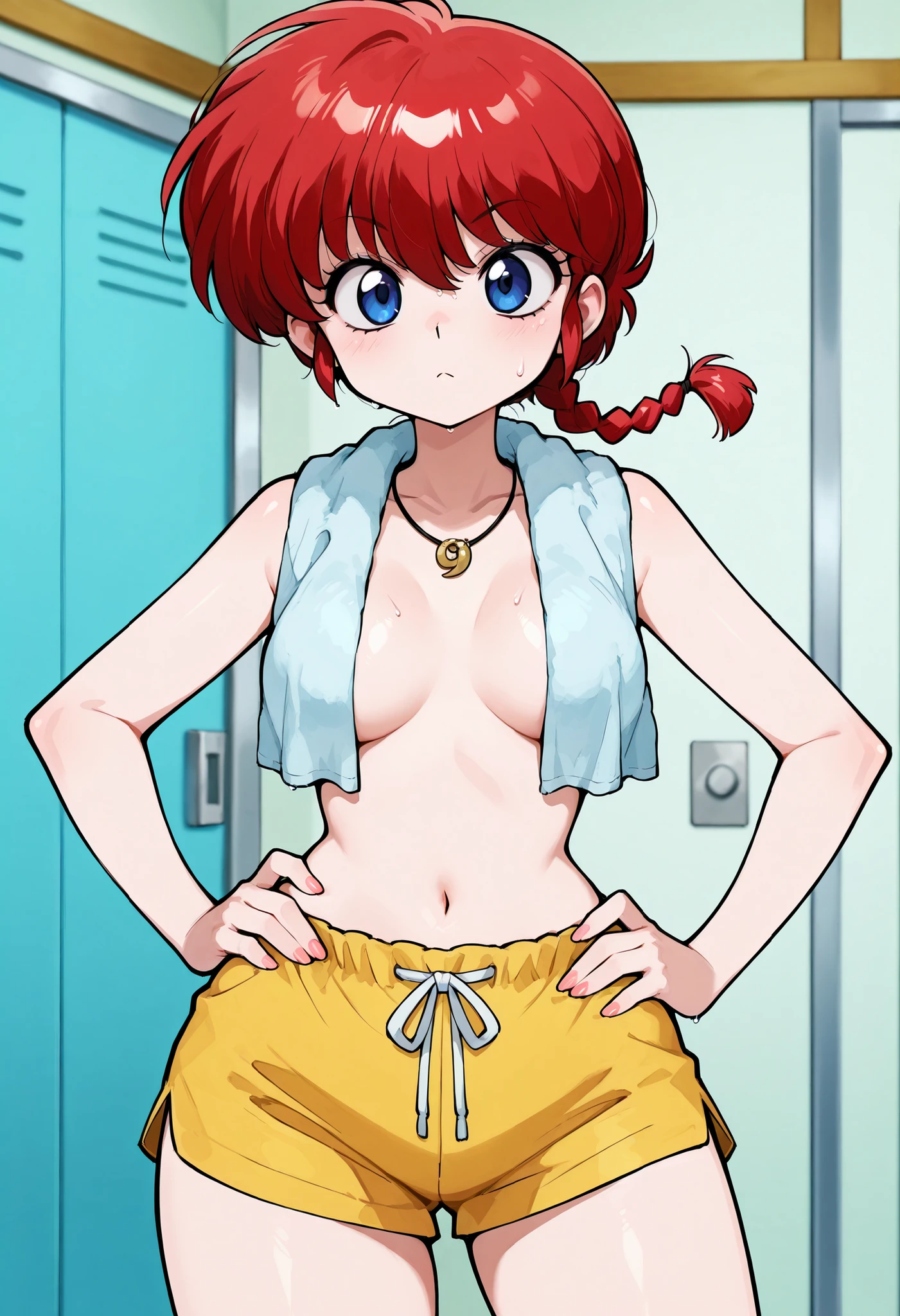 safe_pos, Ranma Saotome. red hair. pigtail. blue eyes. braid. small breasts. huge hips. necklace. black eyeliner. pink manicure. | score_9, score_8_up, score_7_up, source_anime, anime screencap, ultra detailed, skin_detail, lustrous_skin, shorts, hand on hip, nude, towel, towel around neck