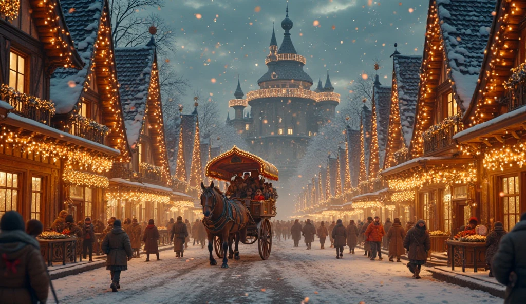 A large carriage with a princess wearing a winter dress made of white bear fur. She is wearing a cap that covers her long black hair. She is accompanied by 7 dwarfs!
A dwarf has black hair.
A dwarf has red hair.
A dwarf is blonde.
A dwarf has black skin.
A dwarf wears glasses.
A dwarf has a white beard.
A dwarf is a child, therefore he has no beard.