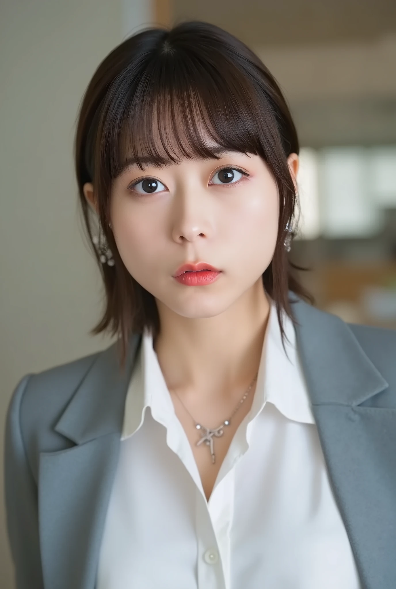 A neat and clean young woman、office lady suit、jacket、shirt、necklace、and look at the camera、hairstyle shortcuts、 、 無表情、、ear piercing、upper body、Background is in a room、
