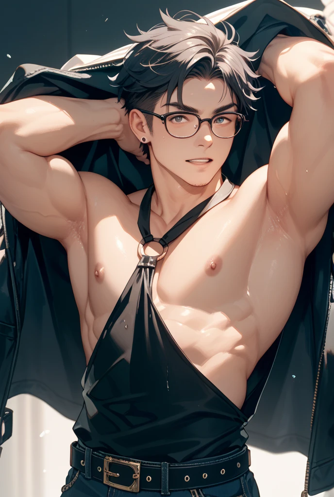 masterpiece, best quality, realistic, 1man, male focus, tall muscular, handsome, [thin eyebrows:0.5], serious, shirtless, portrait, extremely detailed face, black hair, (short hair), shirtless, six packs, full body, Japanese, round glasses, relax