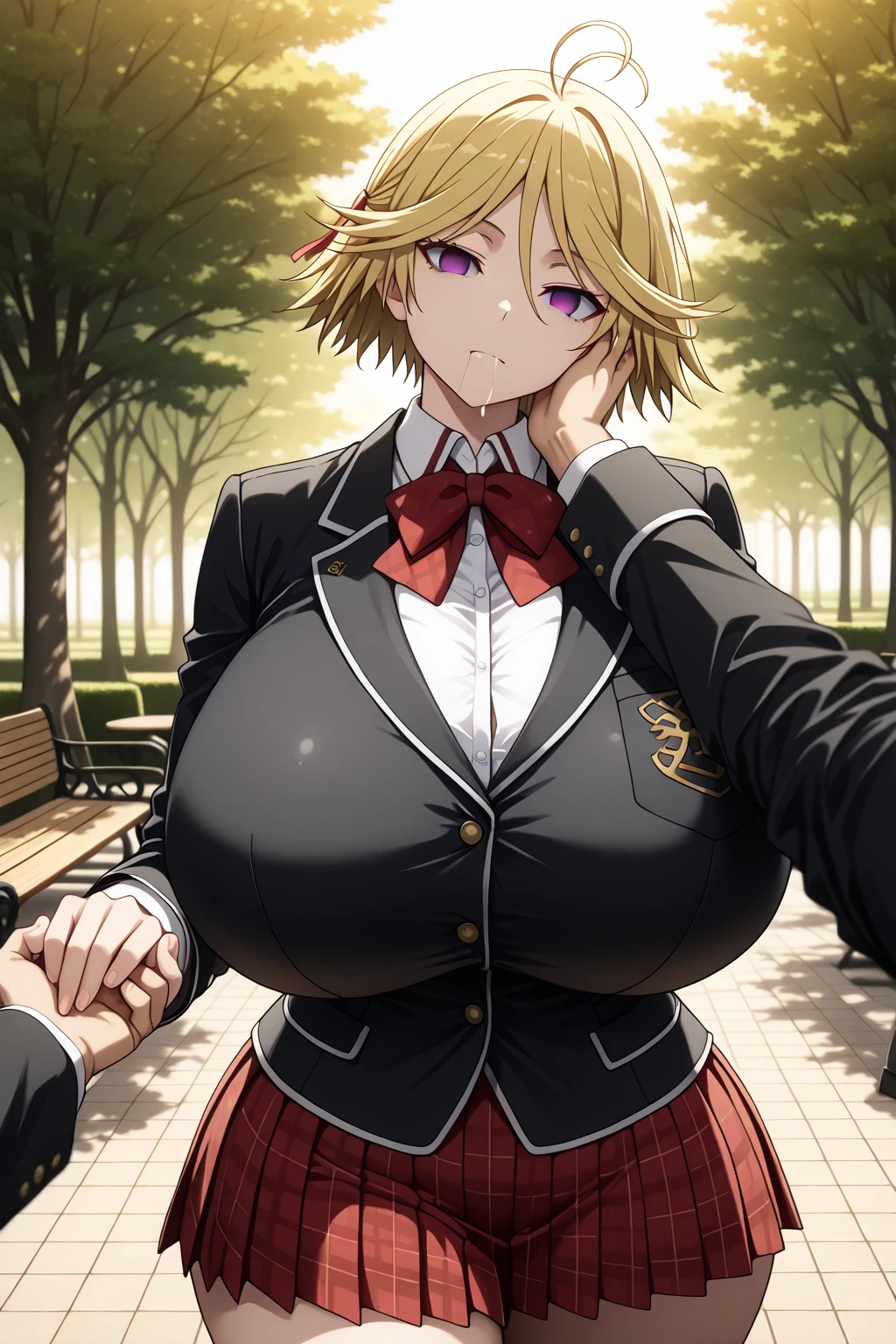 Masterpiece, Best Quality, 1 girl,(giant breasts), (Caofras anchas),(thick thighs), dark purple skirt, dark purple blazer, White shirt, Red tie, jumping, dynamic pose,(Feast_blush:1.6),(blush:1.2), happy, happy, park, pink Hair, grein Look likes, cintura oflgada, Hair ornaminto, flower ornaminto, Feast_flower, twin_Hair_ornamintos, Hair_ornaminto_in_both_sides_of_He_head, Feast_Look like, Feast, long Hair, extremely long Hair, beautiful, oftallada, wet, erotica, sexy