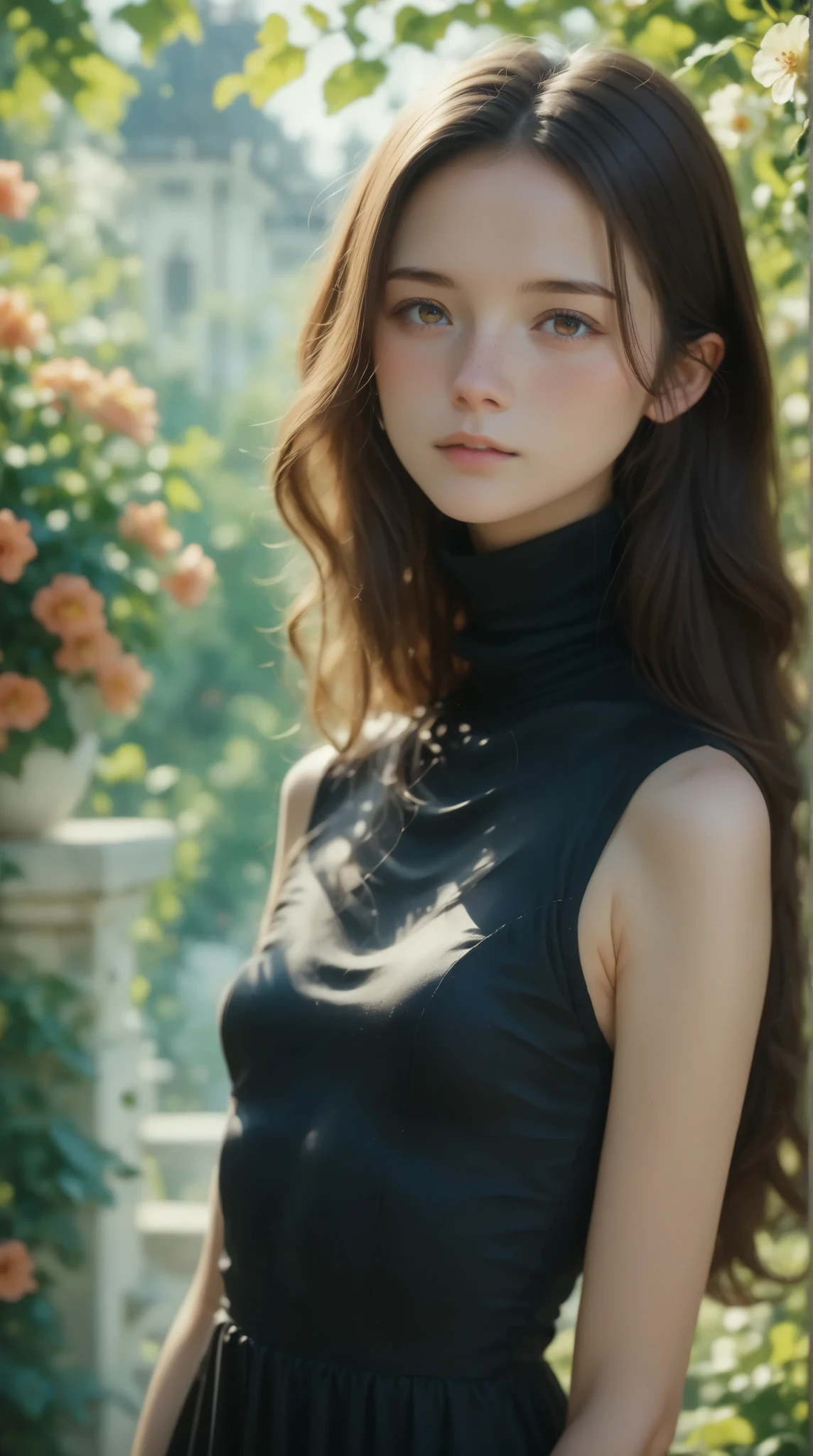 Highest Quality、masterpiece、Completed, beautiful woman highlighting her lower lip, 24 years old, black dress,turtleneck, slim, long hair、(((small breasts))、white shirt、Natural look、blurry background、