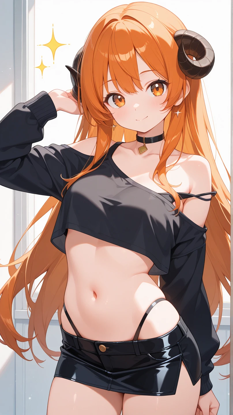 orange haired, black asian eyes, fit and sexy body, thin body, little anime girl, long hair, wearing black tshirt, black panties
