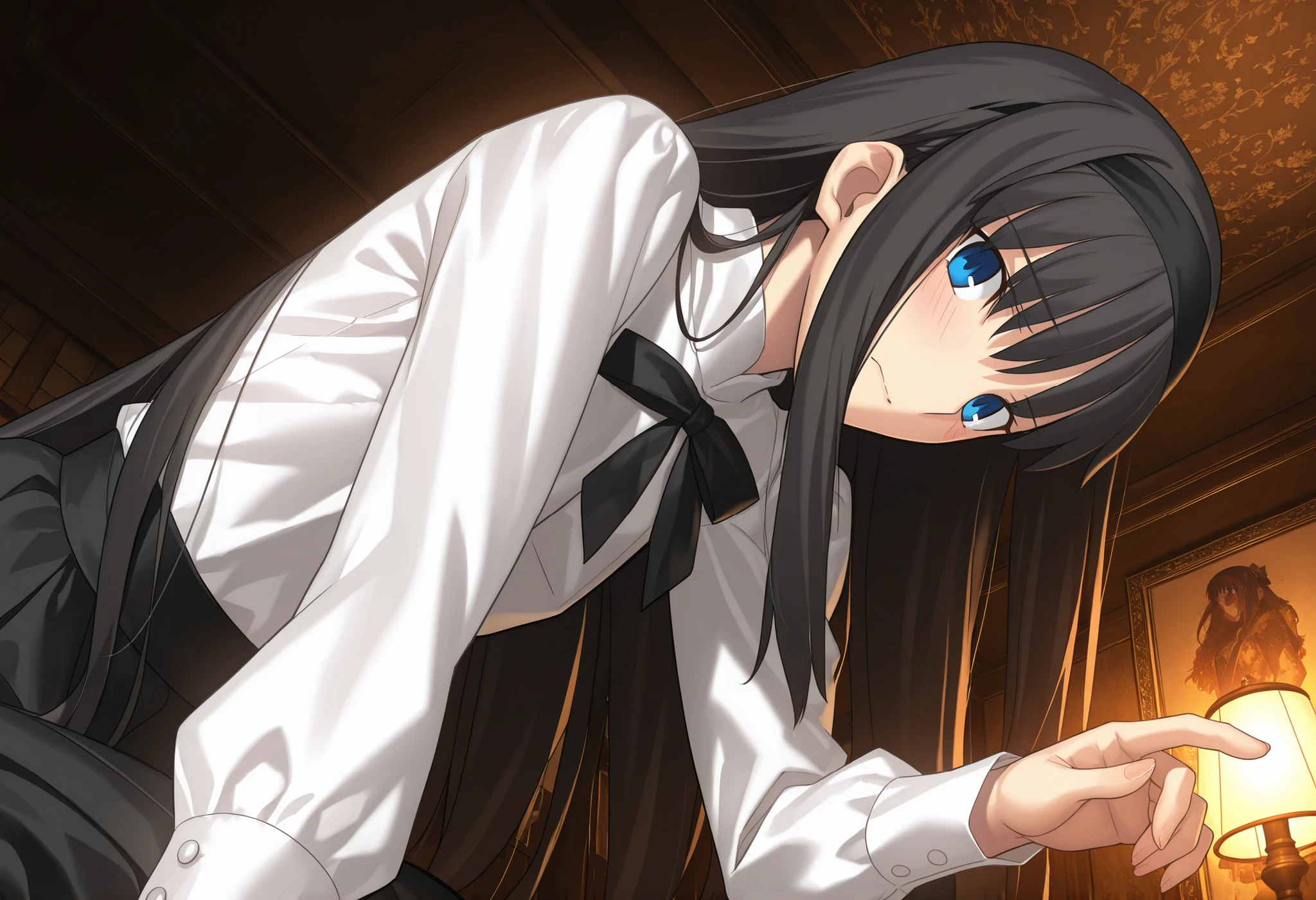 masterpiece, , absurdres, highres, detailed background, high resolution, masterpiece, necessary, detail, best quality, quality, necessary, details, High details, Precise, indoors, hotel room, medieval interior, gothic, from side, from below, close up, pov, (upper body),
1girl, , Takeuchi Takashi (type-moon,tsukihime) style, takeuchi takashi style, (aged up), sitting, (head tilt), bent over,(reaching, hand), light embarrassed,
tall girl, mature, Akiha_Tohno, (tsukihime), black hair, bangs, long hair, blue eyes, black headband, straight hair, tsurime, closed mouth,
(white shirt, black long skirt), black ribbon, (small breasts, flat chest), , looking at viewer, ,