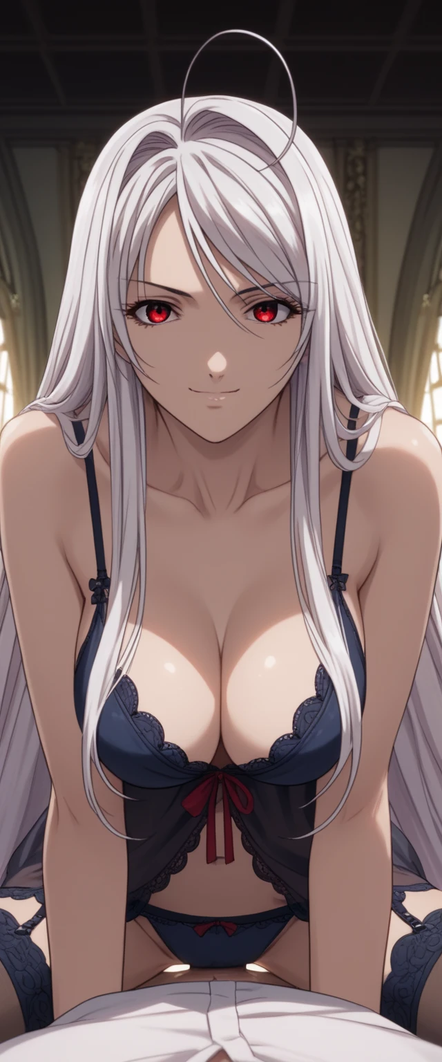 (masterpiece, best quality, beautiful and aesthetic:1.3), Elegant mature woman, 1woman, ((full body)), long hair, bright silver hair, (small breast:1.0), red eyes with slit pupils, sparkle in the eyes, (Mouth veil), (Face Veil), layered bikini , tattoo below the navel, looking at the viewer, small details, detailed face, in the dark, deep shadow, discreet key, Pure erotic face ace_V1, ((lying face down)), bedroom, light smile, embarrassed,