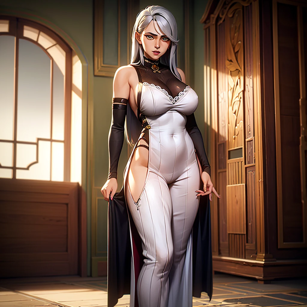 Best quality,Super fine,Ultra-realistic,Futuristic costume design,Design implies flexibility,Monochromatic color scheme emanates tranquility,Surface reflects light softly,Minimalism,Simple and powerful feminine beauty,modernism,Feminine Elements in Visual Art,Fusion of advanced technology and nature,Photorealistic rendering,1 girl,full-body shot,White Network Rabbit Ears Girl,Cyberpunk Kimono,translucent,Smooth fabric,Low-rise black leggings,Transparent Kimono Top,Monochromatic color palette,Fashion lines,Futuristic decoration,high-tech accessories,Minimalism Design,Fusion,Bold and simple,Serene expression,Cybernetic enhancement,Striking elegance,Short gray hair,Make her blue eyes shine brighter,Well-defined facial lines,Highlighting her radiant fair skin,(In concrete buildings,Realistic black shadows),Incredibly slim waist,Upward and center-pointing erect nipples,Large round breasts,Exudes sculptural beauty,Looking at the audience,