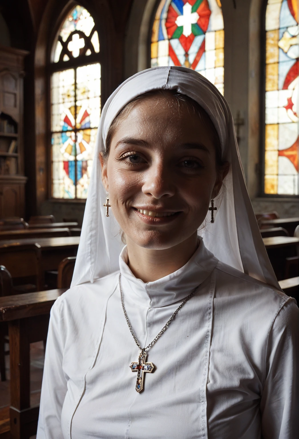 sks woman <lyco:locon_alexandrabotez_v1_from_v1_64_32:1.2>, wearing a nun costume, masterpiece, best quality, RAW photo portrait, 8k uhd, dslr, film grain, Fujifilm XT3