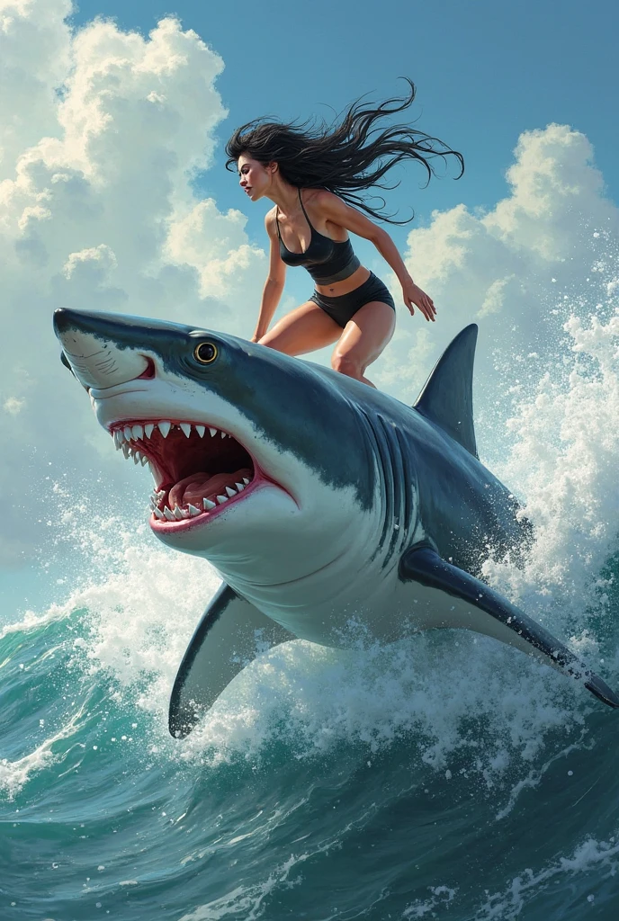 Happy woman riding a Shark in the ocean with a big open mouth, te equivocaste, anthropomorphic Shark, 3 d epic illustrations., al estilo de cyril rolando, michael cheval (Motor irreal, art album, montar el viento y las olas, Teniente Alexander Kucharsky, por Howard Lyon, por Juan Lucas, half wolf half Shark, Shark