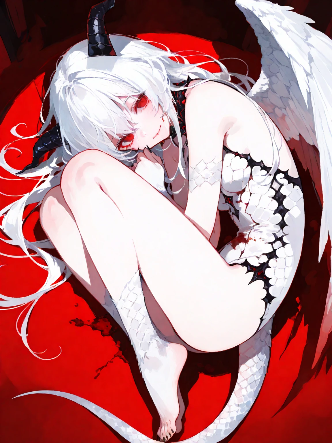 ((Nsfw, Vulgar, Nipples)),wet-on-wet oil painting depicting a dark angel, a semi-realistic full body portrait, blood on the angel face,, red eyes, gorgeous painting, breathtaking, semirealistic, beautiful colors, evil, beautiful red eyes, detailed textures, massive blackdark feathers, blood, white hair, evil grin, evil smile