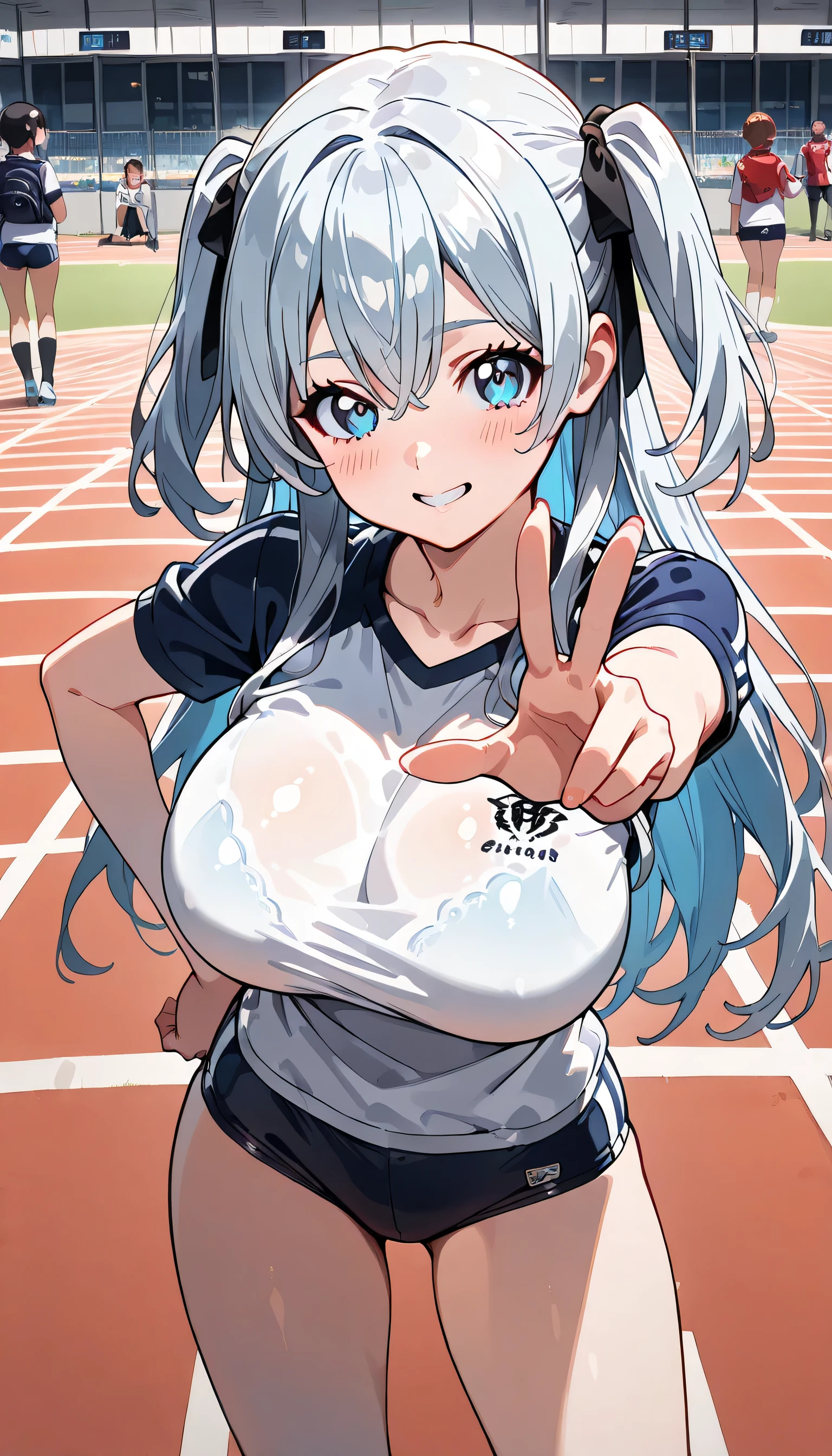 ((ultra-detailed)), (highly detailed CG illustration), (best quality:1.2), ultra-highly detailed, colorful composition, artistic photoshoot, 1girl, solo focus, thigh to top, cowboy shot, moe anime character, girl, dainty facial structure, baby face, round face, rounded chin:1.2, ideal ratio body proportions, celia-default, celia claire, blue eyes, sparkle eyes, sagging eyes, long silver hair, two side up, hair ribbon with red, ample breasts, white short sleeve gymnastics uniform with Navy blue rim:1.3, navy blue school gym buruma, a smug expressio:1.3, blush:1.3, sweat:1.3, standing on the school Athletic Festival:1.3, outstretched arm:1.3, V sign:1.3, hand on own hip:1.3, from front, dynamic pose, contrapposto pose, best quality, expecting, pink cheek, blush, light pink gloss slip, portrait, depth of field, soft lighting, backlight, shine, lighting, caustics, ray tracing, perfect face, lustrous skin, highly detailed face, highly detailed eyes, perfect face, perfect nose, perfect hair, perfect eyes, perfect anatomy, beautiful hair, beautiful small face, extremely detailed face, beautiful detailed eyes, beautiful clavicle, beautiful body, beautiful huge breasts, leavage, breasts squeezed together, equalize the size of the left and right breasts, beautiful thin thighs, beautiful legs, beautiful fingers, 4 fingers, 1 thumb, lovely, (very detailed background:1.0), (highly detailed background:1.0), summer aesthetic, intricate details, shy atmosphere, summer colors palette, chromatic aberration