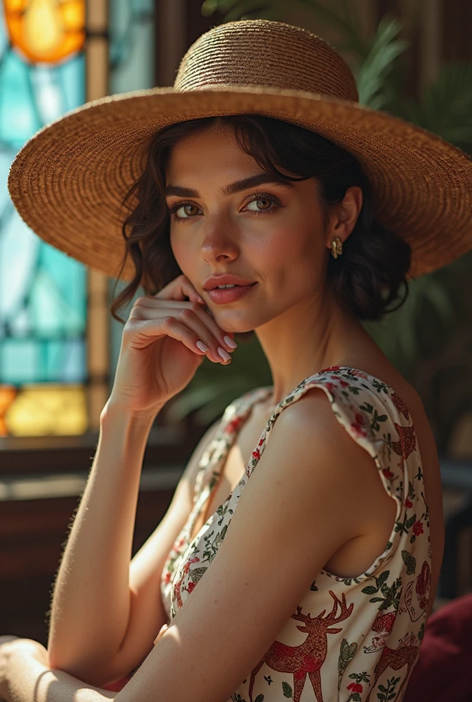 beautiful women model standing in model pose dress open from side, wearing hat, hyper details, 4k resolution, green area in background