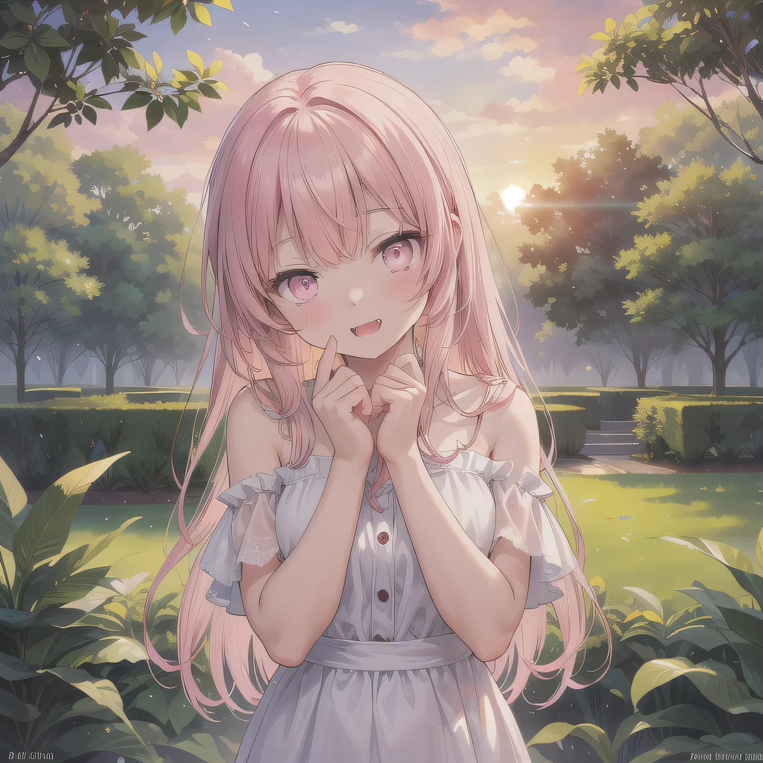 A breathtakingly beautiful 20-year-old woman stands in a lush green park at sunset, bathed in the warm golden light of the evening sun. Facing forward, her eyes gently closed, cheeks slightly flushed, and her face tilted upward as if anticipating a kiss, she embodies serenity and romance. The soft hues of the sunset complement the tranquil surroundings, enriching the dreamy atmosphere. Fangs, long hair, (pink eyes:1.5), pink hair.