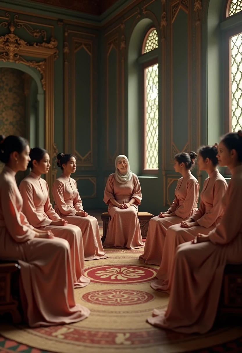 A woman shrouded in a 4-meter-long, plush red satin cloth, tightly bound and grandly draping along the form of her body, flowing off into a pooled floor-length train, styled in a mermaid-inspired outfit, her head modestly veiled in a satin hijab, tall woman, in class room with her students, a full-body pose posing in front of people, captured in a 4k resolution, ultra-realistic