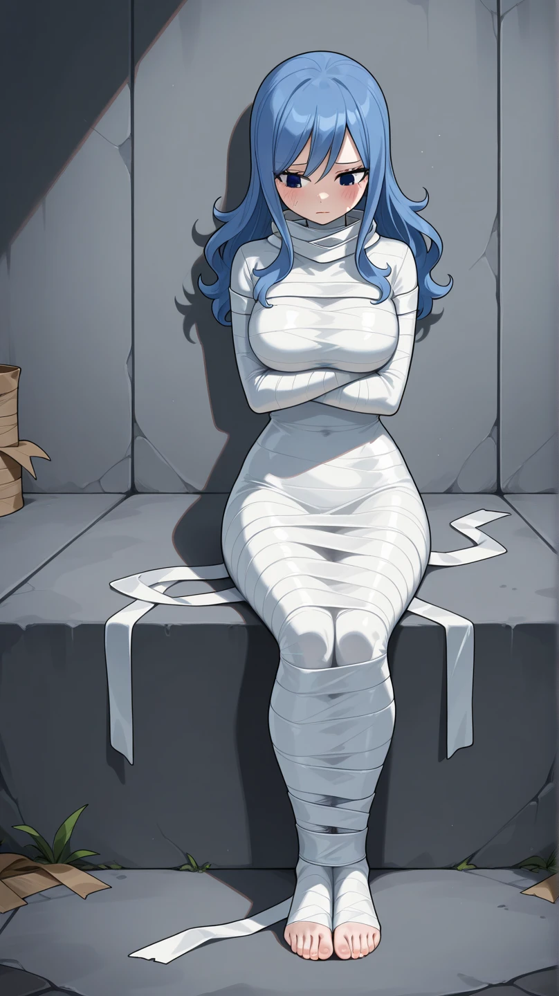 score_9, score_8_up, score_7_up, score_6_up, 1girl, blue hair,  costume, 
sitting, crossed legs, , 
<lora:mummy_costume_v0.2-pony:1>