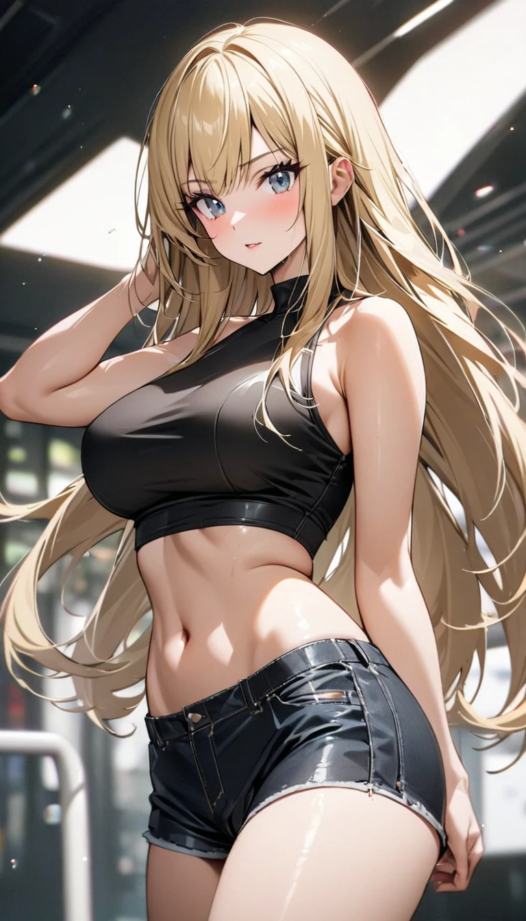Draw Samantha, a blonde female character with long hair down to her waist. blue colored eyes, breasts small, Waist slender, big and perky ass. A very beautiful woman with an attractive body. Wearing ripped black denim shorts and an orange spaghetti strap blouse, feeling comfortable in her home making a cell phone call. Cell phone in the ear. breasts small.