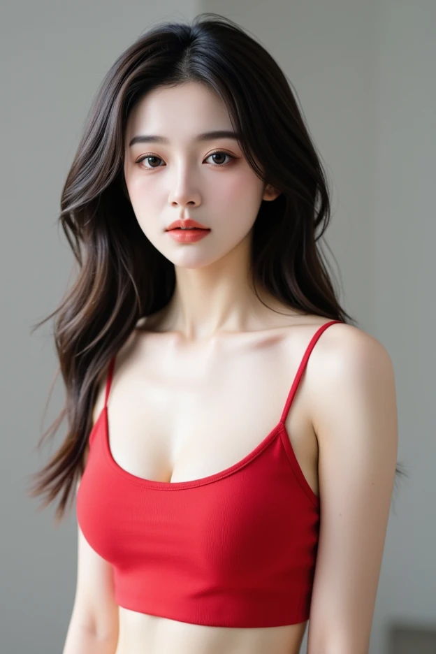 random angle image, brush drawing image, close portrait image, beautiful busty Asian female teen, aged 20, soft skin colour, flowing long black hair, wearing red extra tight slim fit short maid dress with stockings, dynamic pose, red smoke lines behind, white background, 8K resolution 