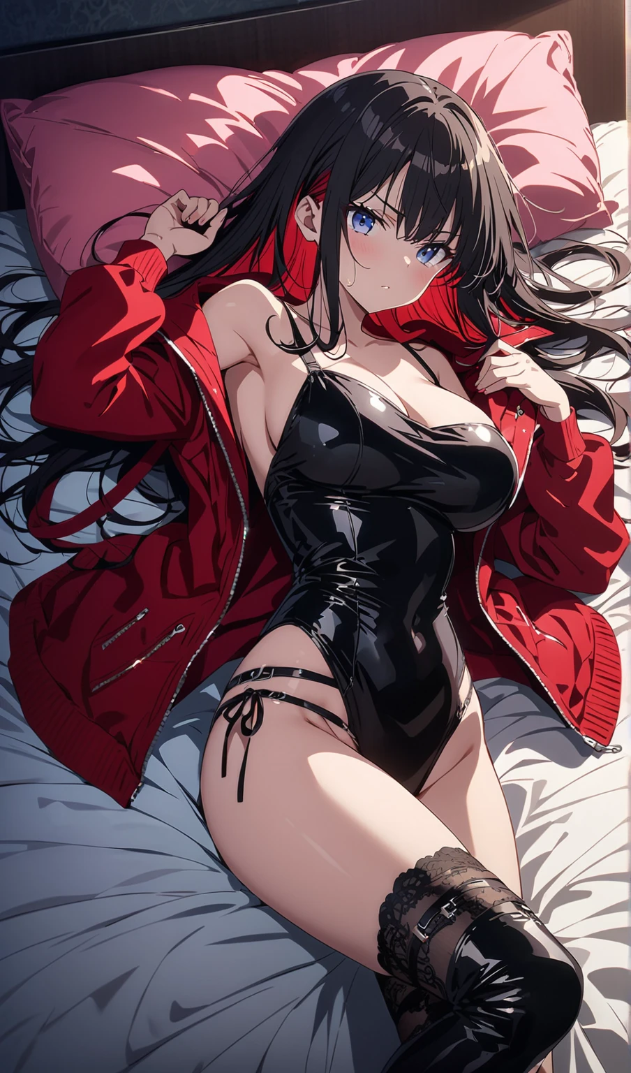 ((masutepiece)), ((Best Quality)), ((8K)), High resolution, 1girl in, Cat ears, pale skin, Large breasts, aqua eyes, Long hair, spreading arms, Lying, on the bed, Closed eyes, Looking away, embarrassed, orgasm, Dressed in red