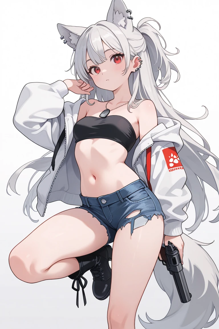 (((high quality))),(((masterpiece))),(((highly detailed))),((illustration style)),
(((fujiwara no mokou))),(touhou),(((red eyes))),(((long hair,white hair,bangs,hime cut)))),(((hair bow, white bow))),(((white leather jacket))),(((Flame Pattern print red full bodysuit))),((latex)), (shiny clothes:1.2),(((grin))),(((large breasts))),(((full body))),(((arm behind head))),(((model posing))),((((simple white background))),(((Angle from below)))