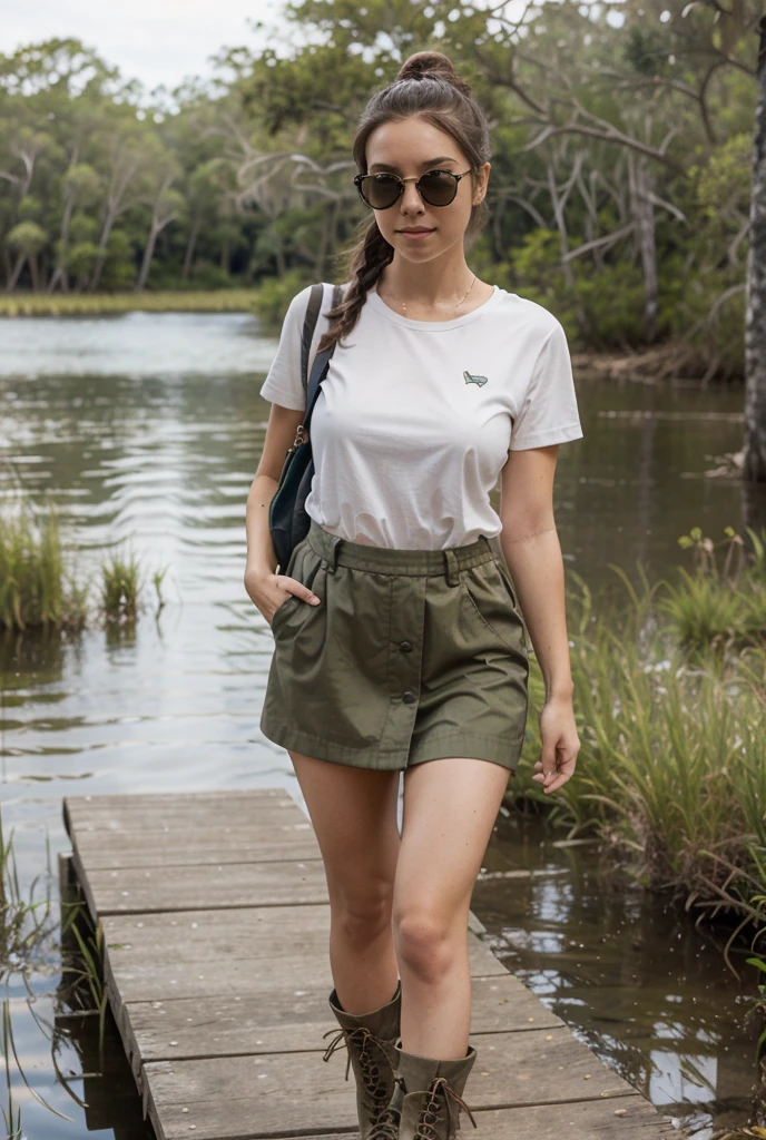 A stunning intricate full color picture of a beautiful woman, wearing a cargo pants with a fitted tee in a forest trail, closeup,, epic character composition,by ilya kuvshinov, alessio albi, nina masic,sharp focus, subsurface scattering, f2, 35mm, film grain <lora:evastr:1>