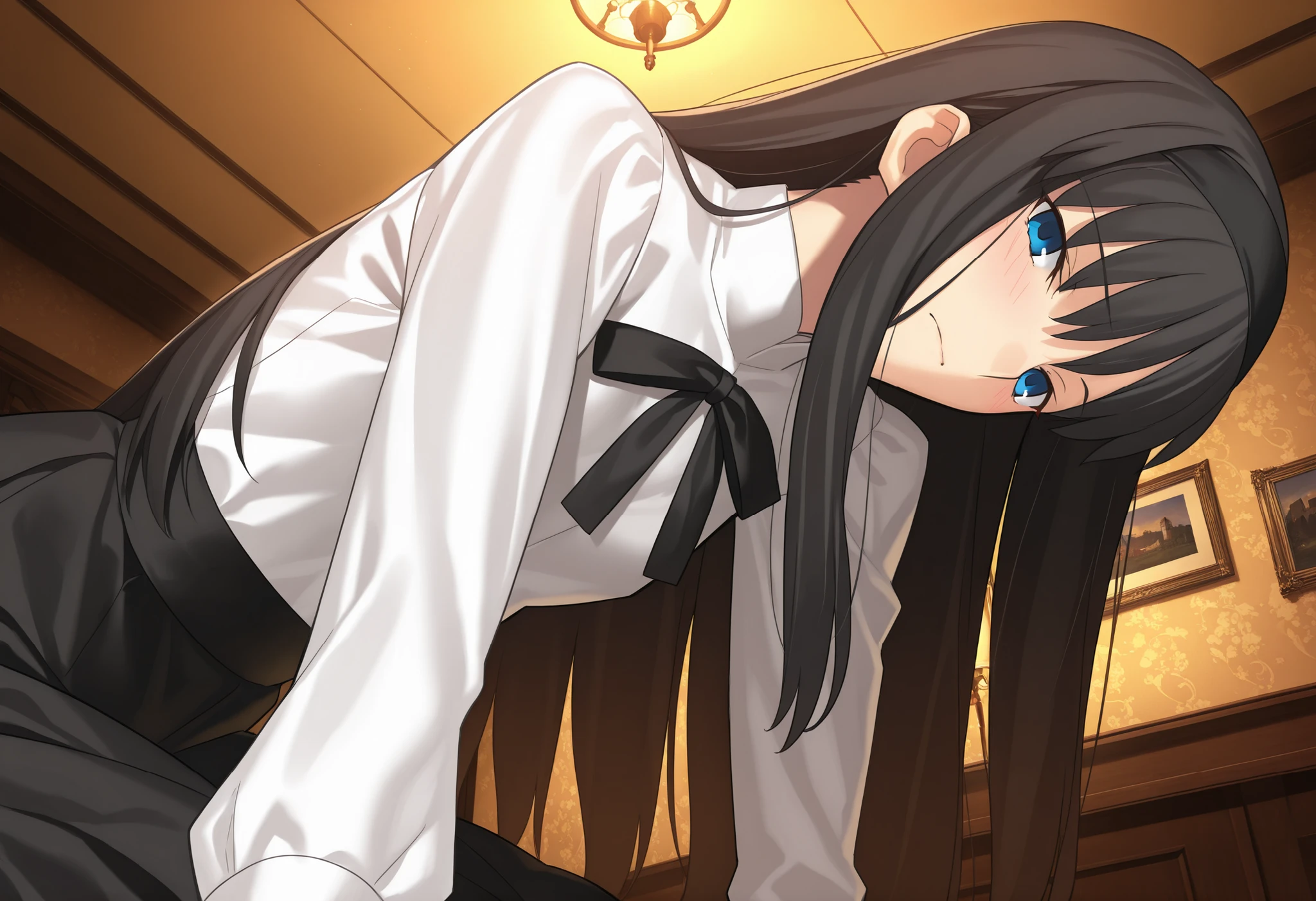 masterpiece, , absurdres, highres, detailed background, high resolution, masterpiece, necessary, detail, best quality, quality, necessary, details, High details, Precise, indoors, hotel room, medieval interior, gothic, from side, from below, close up, pov, (upper body),
1girl, , Takeuchi Takashi (type-moon,tsukihime) style, takeuchi takashi style, (aged up), sitting, (head tilt), bent over,(reaching, hand), light embarrassed,
tall girl, mature, Akiha_Tohno, (tsukihime), black hair, bangs, long hair, blue eyes,(half-closed eyes), black headband, straight hair, tsurime, closed mouth,
(white shirt, black long skirt), black ribbon, (small breasts, flat chest), , looking at viewer, ,