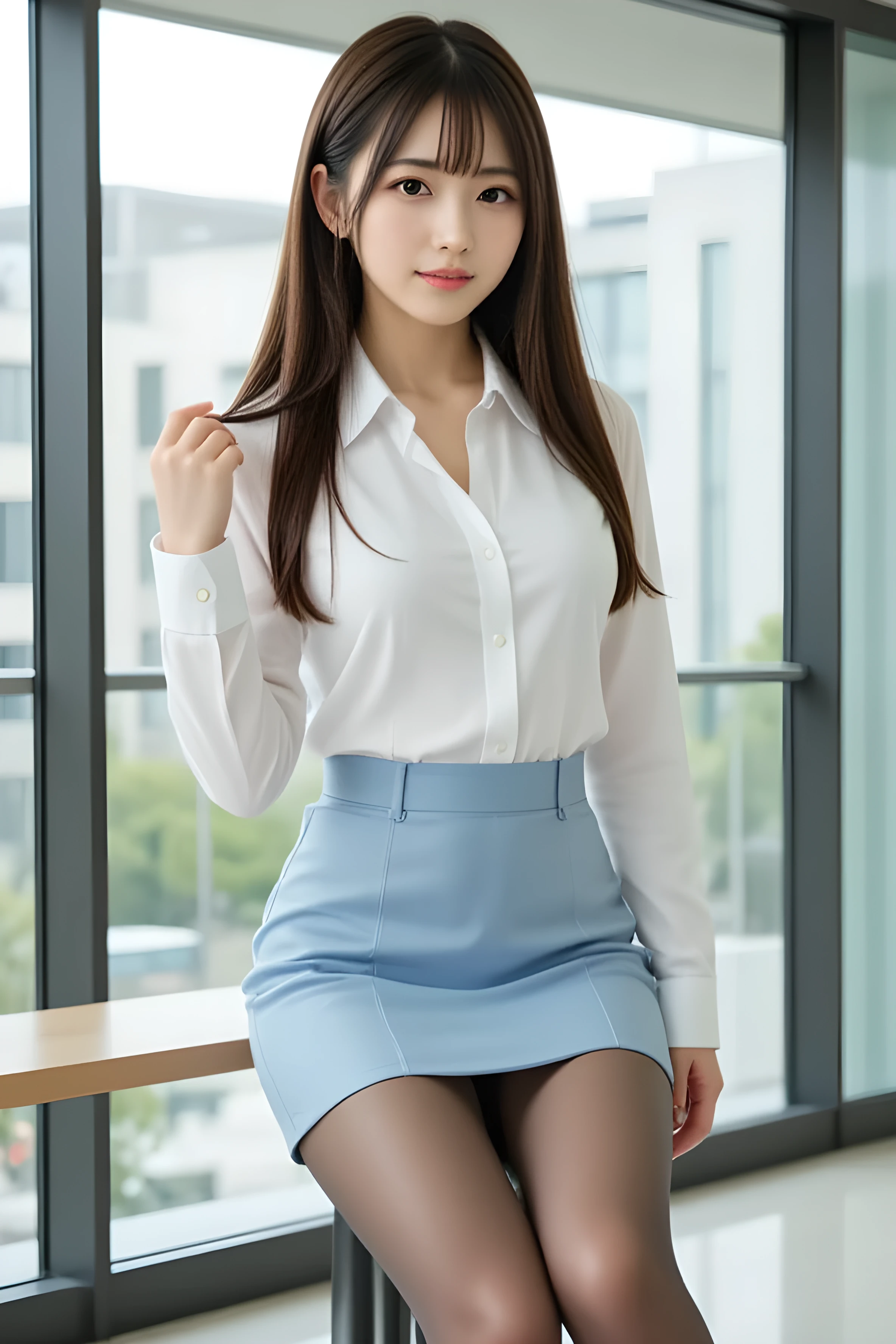 (master piece:1.2),(8K high quality), (highest quality), (RAW image quality),, (Reality), (It's photorealistic:1.37), large eyes,long eyelashes,Precise action and realistic style),ultimate face,It's photorealistic, light and shadow,clear facial features,milky white skin,fair skin, glossy skin, high detail skin,Reality skin details,visible pores,(super detail),,best portrait,Photographed from a distance, only one girl, cute type,beautiful detailed eyes, beautiful detailed nose, highly detailed skin) ,(Beautiful face with double eyelids), (Realism: 1.4),,delicate and beautiful face,,25 years old,(beautiful face 1.4),slender, (Office lady wearing a shirt blouse:1.2),((at work,wide々office)),hair length is short,((Office lady wearing a shirt blouse)),very beautiful legs,(((smile at the audience)),(Sit down and show off your crotch),(wearing a short skirt),sitting,,belly button shirt,(Show off your crotch to the viewer, I'm sitting with my hands behind my back, Sit so that you can show off your crotch), Wearing a garter belt