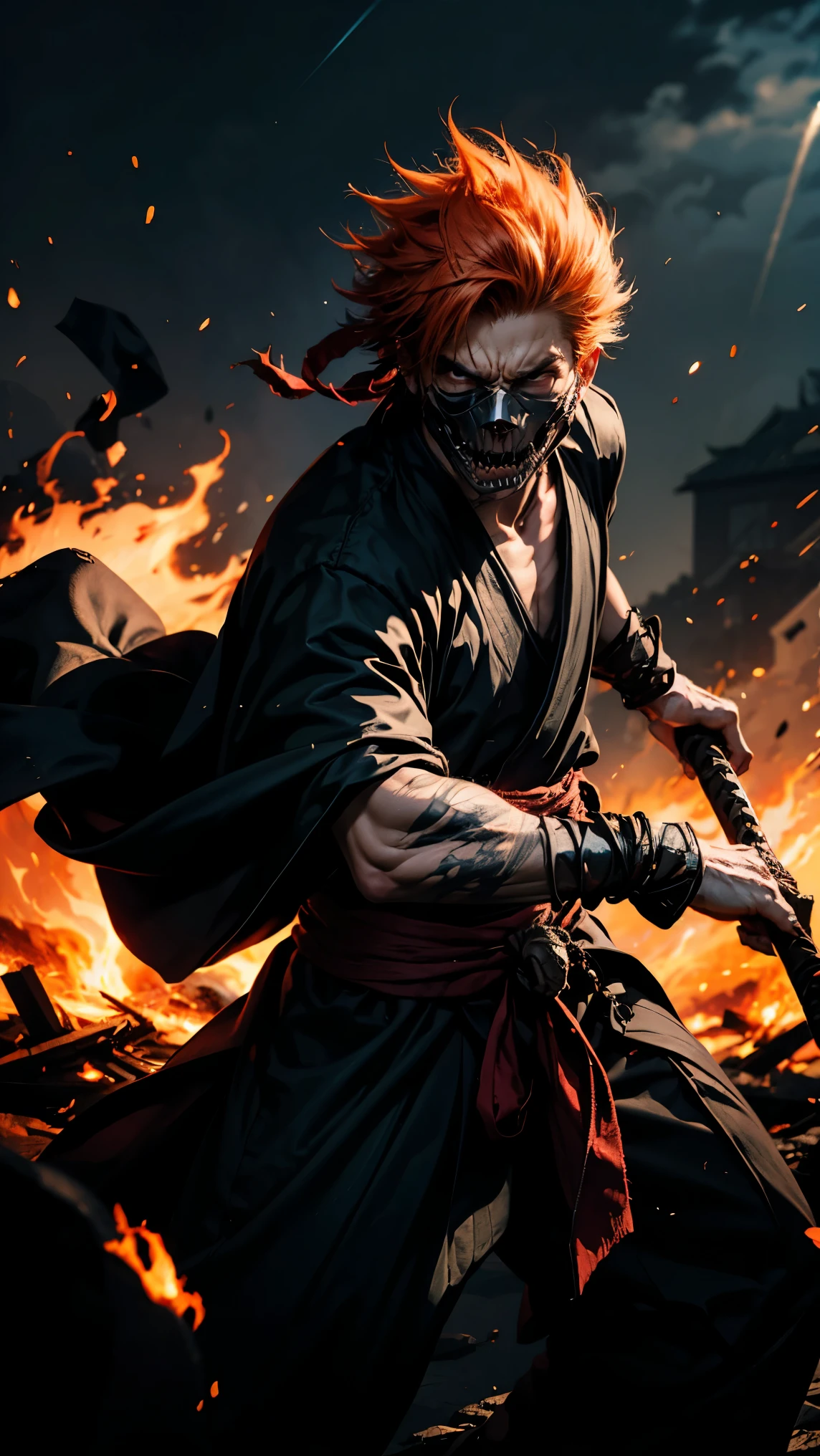 A fierce, ultra-detailed Ichigo Kurosaki in mid-battle pose, featuring spiky orange hair and intense expression. (his face is consumed by a dark, skeletal hollow mask with sharp teeth and glowing red eye), symbolizing a powerful transformation. He wears a black tattered shihakusho (samurai-style robe) tied with a white sash around the waist. In his hand, he wields a massive black katana, glowing with energy and surrounded by flying embers and slashing motion effects. His cloak appears to be disintegrating into black energy tendrils, blending into the chaotic, wind-swept background filled with flying debris and blue light. The overall atmosphere is dynamic, high-energy, and intense, with a strong focus on movement, power, and transformation.,5 fingers ,Chakra ,Light emitting ,Aura flowing