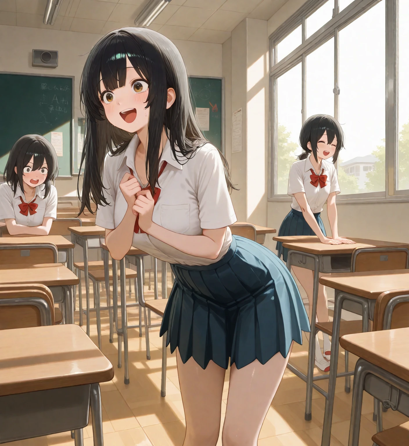 ((Highest quality)), ((masterpiece)), (detailed),Perfect Face,A group of junior high school students taking a photo in the nude in a school classroom,