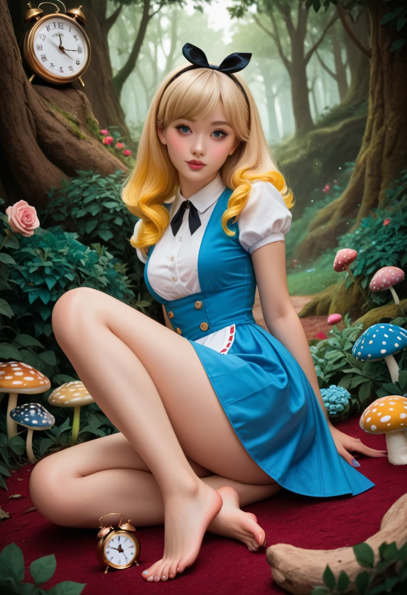 masterpiece, 1girl, solo, make her a sexy Alice in Wonderland with blonde hair, powder blue dress with white apron, white stockings, cleavage, dynamic, ultra high def, 32k, (perfect anatomy:1.5), perfect legs, in the style of Artgerm and Adam Hughes, perfect arms, downblouse