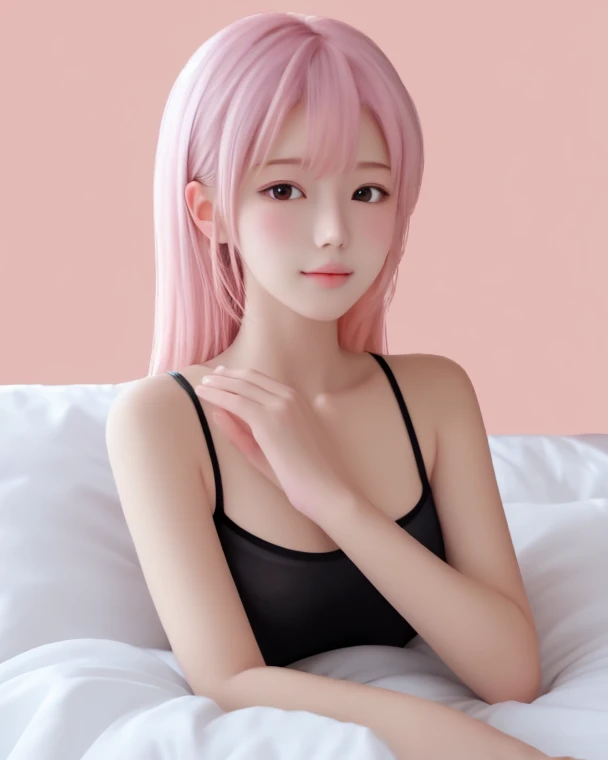 Beautiful girl, Pink hair is long, erotica, big breasts, Curvy butt , lying on his side looking at the camera , body along , whole body . Super clear face. Highly detailed face. dark background. lying pose