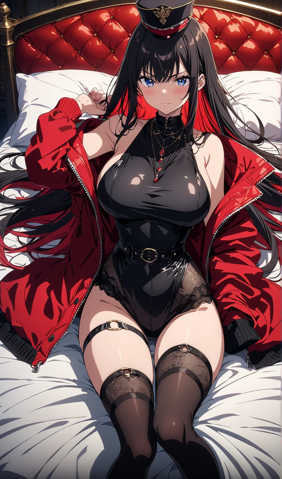 ((((Obra maestra, La mejor calidad, ultrahigh resolution)))), perfect anatomy, 1girl, long hair, red, orange eyes, bunny suit, blue bunny suit, Sweating, medium breast, navel, cameltoes, black stockings, fishnets, looking at viewer 