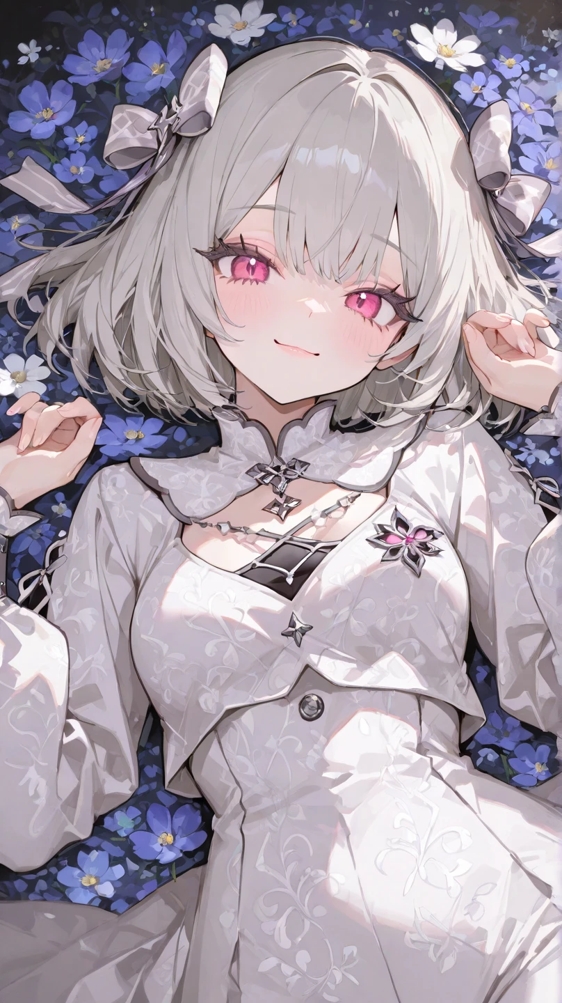 White Hair、Pink Eyes、Short Hair、laughing、Only one girl、alone、Cute、Face is close、laughing、it&#39;s raining、Holding an umbrella、at the park