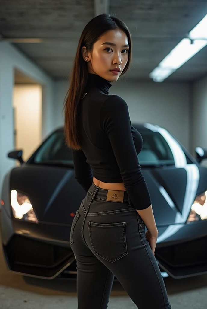 ((Midnight, Best quality, 8k, photorealistic, Masterpiece :1.3)), Whole body, Long legs, Sharp focus :1.2, A pretty woman with perfect body, leaning over shinny black car, sexy car model :1.4, Slender abs, small round ass, thin thighs :1.1, bending over car ((Singapore Asian, long black hair, round breasts, breasts together, :1.2)), (Black Bra and Black skirt, NSFW, up skirting, focus on ass, ass to camera, butt crack visable :1.2), ((Dark parking garage, cool white light, completely dark background:1.3)), Highly detailed Asian face with make up and skin texture, silver jewellery, Detailed eyes, Double eyelid, eyeshadow,