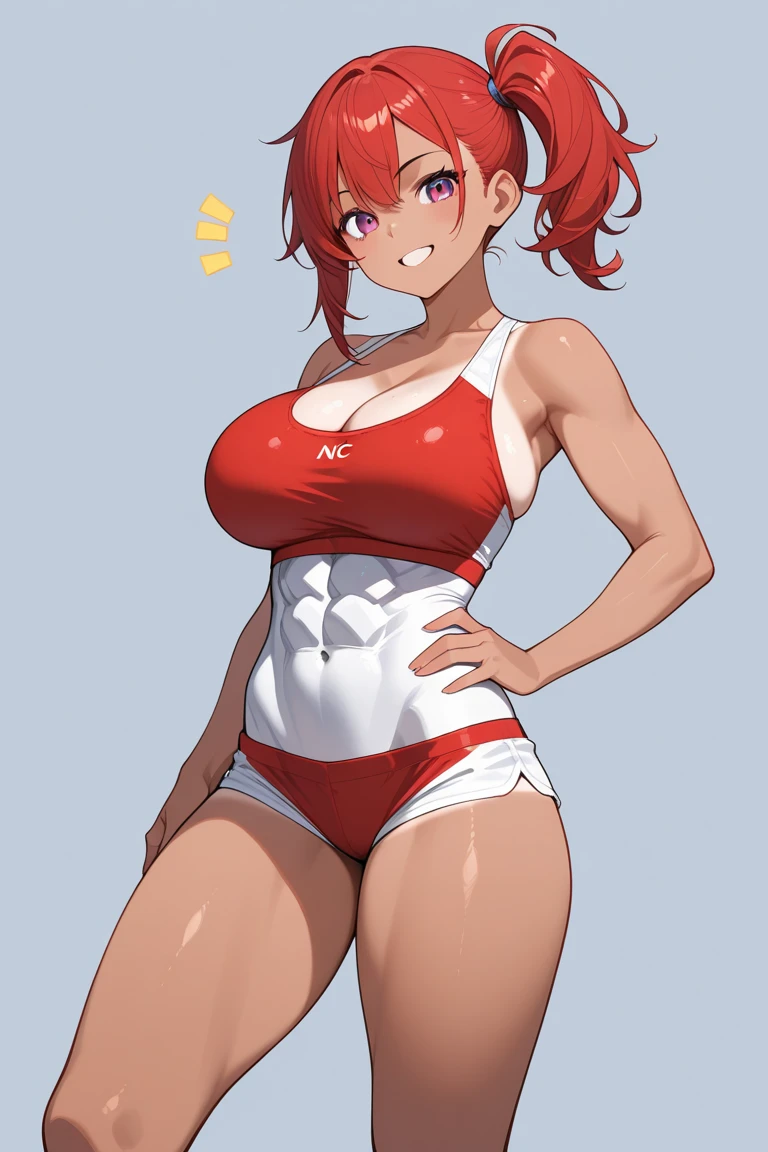 ((((masterpiece)))), high quality, very_high_resolution, large_filesize, full color, heavy outline, clear outline, colorful, (beautiful detailed eyes), (beautiful face:1.3), boyish face, 1 girl, (femaleranma), (red hair), short hair, (braided ponytail), ((bangs)), bumpy bangs, blue-gray eyes, big breasts, curvy, completely nude, black-wristbands, (standing), hand on hip, front view, full-face blush, cameltoe, pink striped sports bra, pink striped pantie,