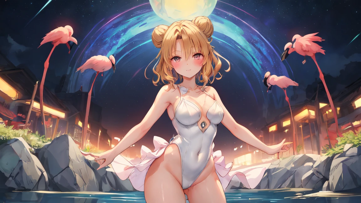 Photo of beautiful jpn-girl, masterpiece, 1 girl,
((8 years old,LOLI-CON:1.5)), Cyborg girl with blonde bob hair and blue eyes and dark skin, (blonde bob hair:1.2),seductive smile, (white highleg latex leotard:1.2) , (mechanical bunny ears headband: 1.2), headphones, (crescent moon sunset:1.3), bayside, shore, on the beach, (cowboy shot), (camel-toe:1.2) , 