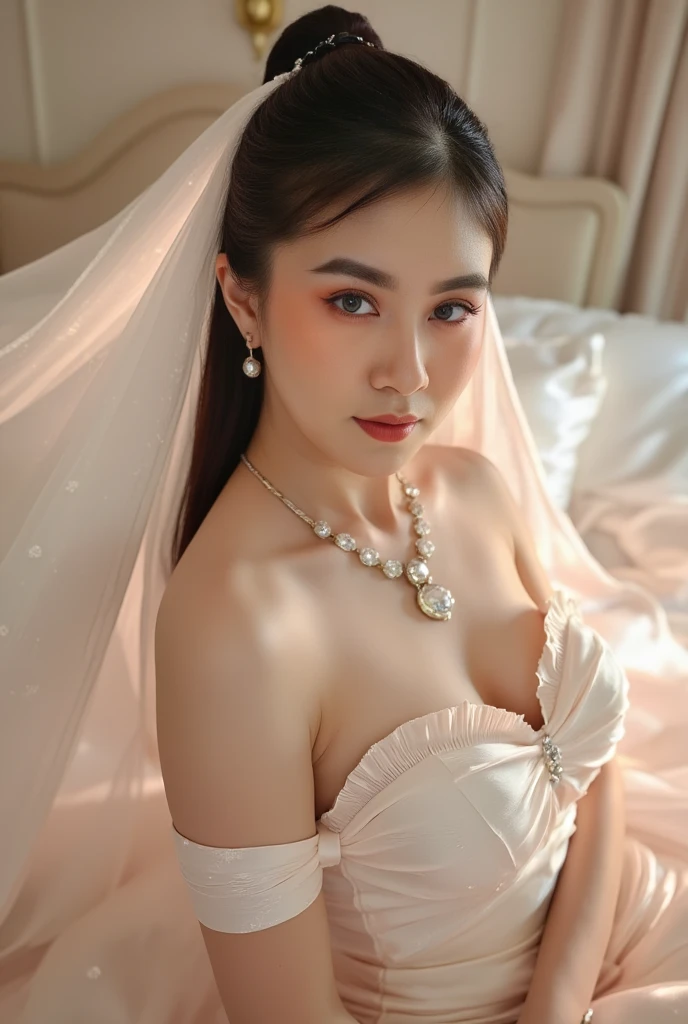 (masutepiece), Best Quality, Highest Quality, Highly detailed CG Unity 8k wallpaper, Original, High resolution, (depth of fields: 1.5), fidelity: 1.3, breasts, Bride portrait style, 1 girl, drapes, veils , Bridal Veil, sheer wedding dress, drapes, Jewelry, Solo, earrings, tusk, bride, Black_hair